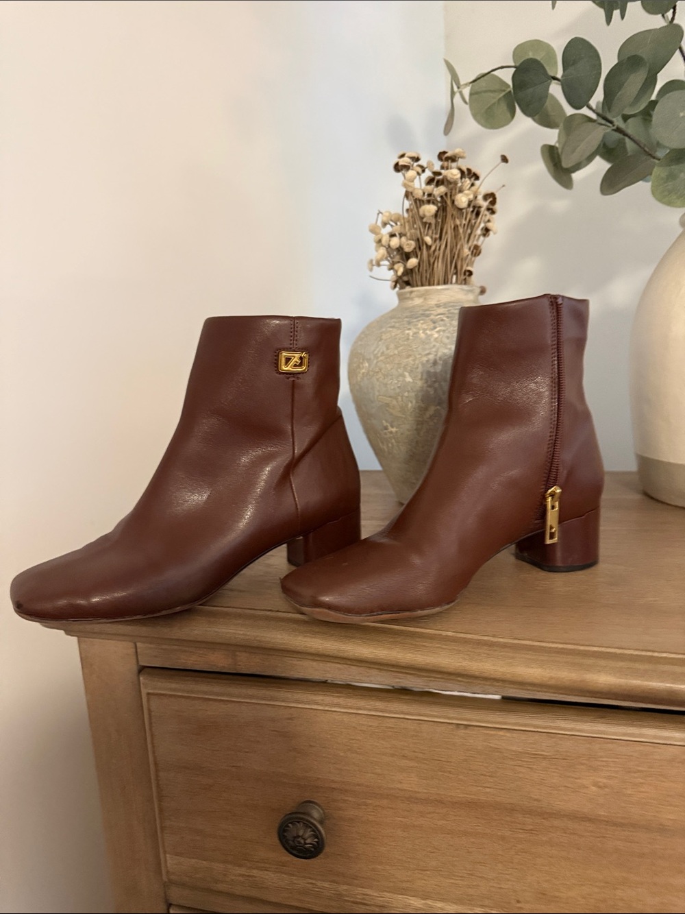 Franco Sarto Brown Leather Ankle Booties with Gold Accents